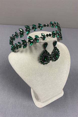 Alfa Model Double Row Bridal Henna Crown and Drop Earrings