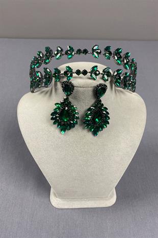 Alfa Model Double Row Bridal Henna Crown and Drop Earrings