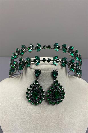 Alfa Model Double Row Bridal Henna Crown and Drop Earrings