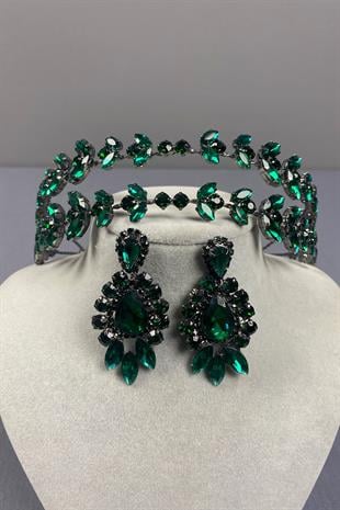 Alfa Model Double Row Bridal Henna Crown and Drop Earrings