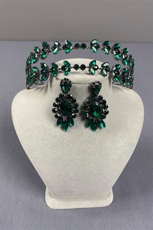 Alfa Model Double Row Bridal Henna Crown and Drop Earrings