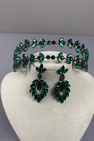 Alfa Model Double Row Bridal Henna Crown and Drop Earrings