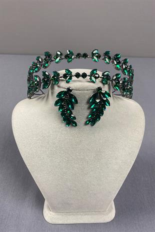 Alfa Model Double Row Bridal Henna Crown and Drop Earrings
