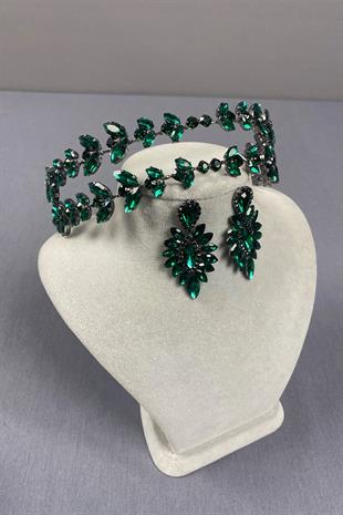 Alfa Model Double Row Bridal Henna Crown and Drop Earrings