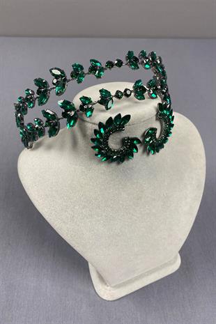 Alfa Model Double Row Bridal Henna Crown and Drop Earrings