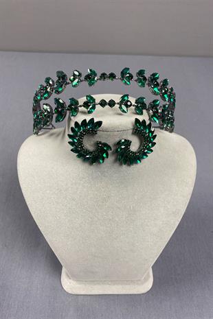 Alfa Model Double Row Bridal Henna Crown and Drop Earrings