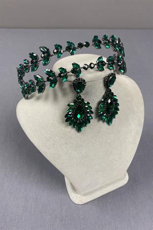 Alfa Model Double Row Bridal Henna Crown and Drop Earrings