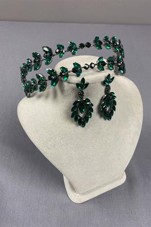 Alfa Model Double Row Bridal Henna Crown and Drop Earrings