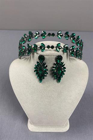 Alfa Model Double Row Bridal Henna Crown and Drop Earrings