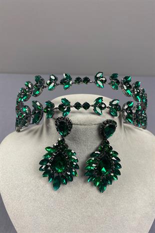 Alfa Model Double Row Bridal Henna Crown and Drop Earrings