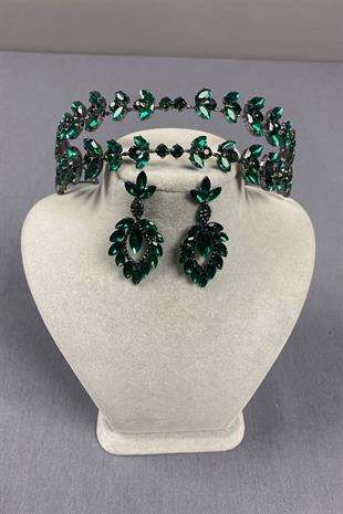 Alfa Model Double Row Bridal Henna Crown and Drop Earrings