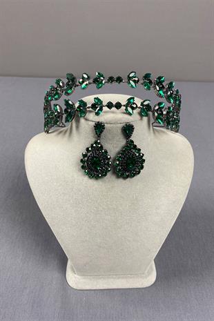 Alfa Model Double Row Bridal Henna Crown and Drop Earrings