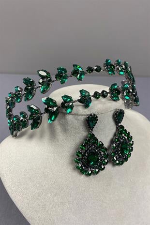 Alfa Model Double Row Bridal Henna Crown and Drop Earrings