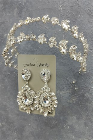 Alfa Model Gelin Tacı Ve Damla Mekik Taşlı Küpe