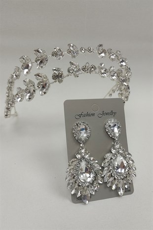 Alfa Model Gelin Tacı Ve Damla Mekik Taşlı Küpe