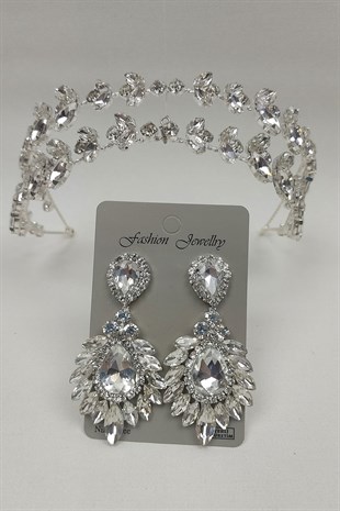 Alfa Model Gelin Tacı Ve Damla Mekik Taşlı Küpe