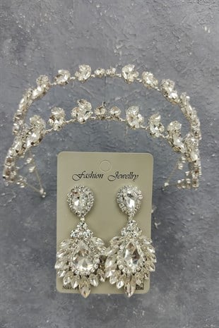 Alfa Model Gelin Tacı Ve Damla Mekik Taşlı Küpe