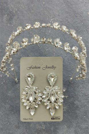 Alfa Model Gelin Tacı Ve Damla Taşlı Küpe