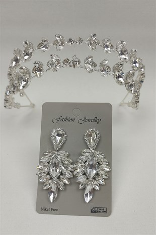 Alfa Model Gelin Tacı Ve Damla Taşlı Küpe