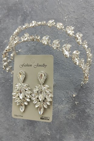 Alfa Model Gelin Tacı Ve Damla Taşlı Küpe