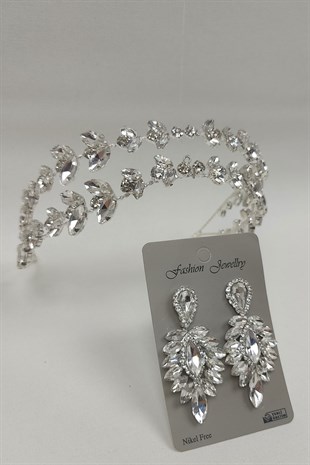 Alfa Model Gelin Tacı Ve Damla Taşlı Küpe