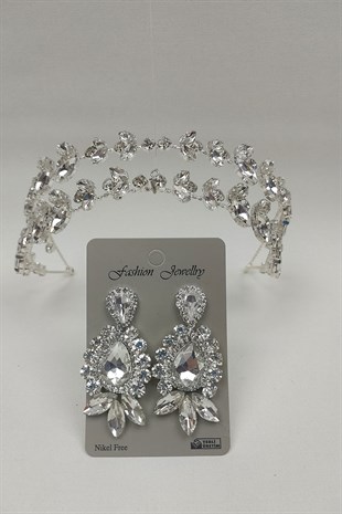 Alfa Model Gelin Tacı Ve Mekik Damla Taşlı Küpe