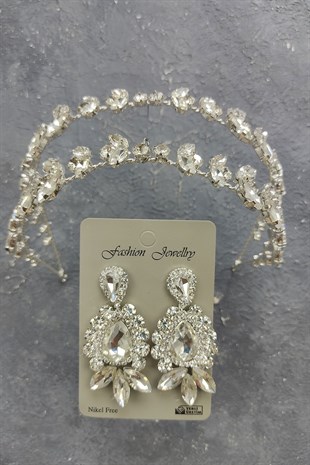 Alfa Model Gelin Tacı Ve Mekik Damla Taşlı Küpe