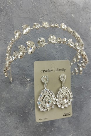 Alfa Model Gelin Tacı Ve Mekik Taşlı Küpe