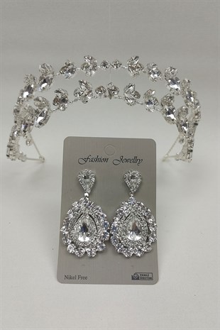 Alfa Model Gelin Tacı Ve Mekik Taşlı Küpe