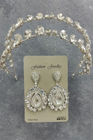 Alfa Model Gelin Tacı Ve Mekik Taşlı Küpe