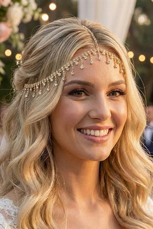 Alınlık Püskül Detaylı Abiye Gelin Baştacı Prenses Tarzı Zincir Saç Aksesuarı