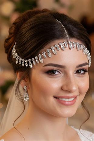 Alınlık Taşlı Zincir Gelin Baştacı Saç Bandı Özel Gün Aksesuarı
