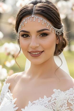 Alınlık Tek Sıra Kristal Taşlı Zincir Saç Aksesuarı Gelin Abiye Baştacı