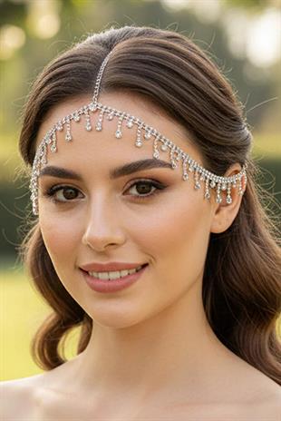 Alınlık Tek Sıra Kristal Taşlı Zincir Saç Aksesuarı Gelin Abiye Baştacı