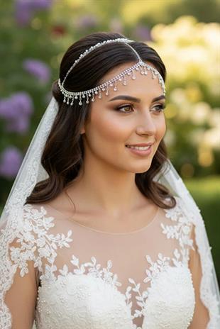 Alınlık Tek Sıra Kristal Taşlı Zincir Saç Aksesuarı Gelin Abiye Baştacı