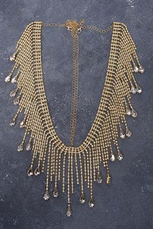 Alınlık Zarif Gold Rengi Zarif Püsküllü Kristal Taşlı Zincir Gelin Taç Nişan Baştacı