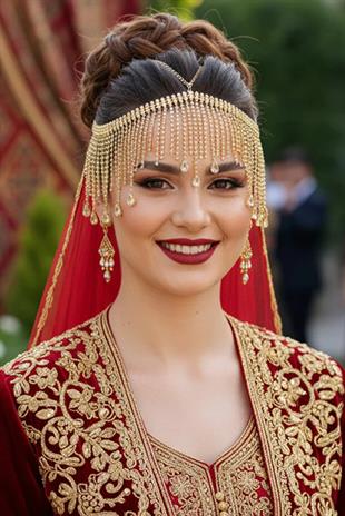 Alınlık Zarif Gold Rengi Zarif Püsküllü Kristal Taşlı Zincir Gelin Taç Nişan Baştacı