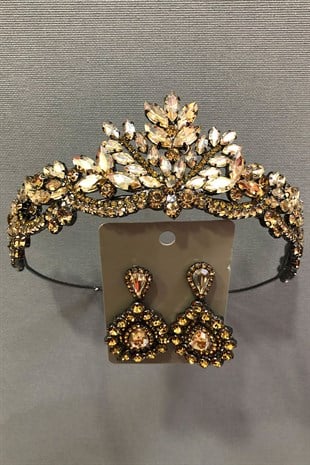 Gold Color Crystal Stone Metal Case Henna, Bridal Crown and Earring Set