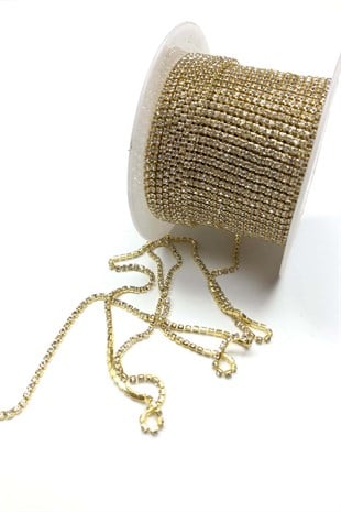 Altın Sarısı Kristal Taşlı Metal Yuvalı Şerit 1 metre 8mm