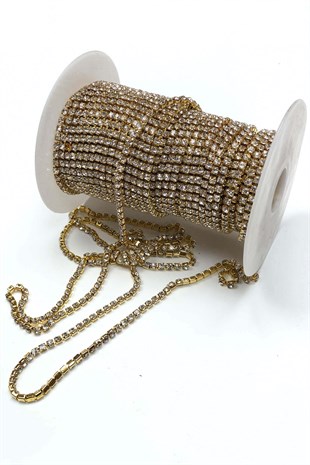 Altın Sarısı Kristal Taşlı Metal Yuvalı Şerit 50 metre 16 mm