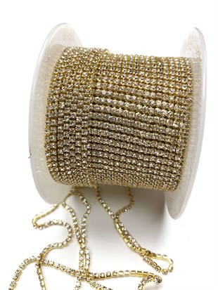 Altın Sarısı Kristal Taşlı Metal Yuvalı Şerit 1 metre 8mm