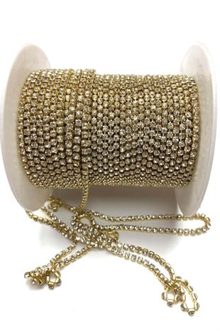 Altın Sarısı Kristal Taşlı Metal Yuvalı Şerit 50 metre 12mm