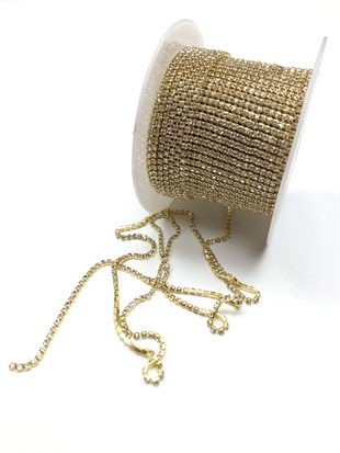 Altın Sarısı Kristal Taşlı Metal Yuvalı Şerit 50 metre 8mm