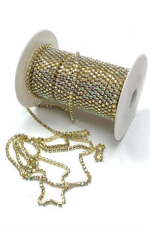 Altın Sarısı Kristal Taşlı Metal Yuvalı Şerit 20 metre 16 mm