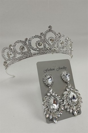 Angel Model Gelin Tacı Ve Damla Mekik Taşlı Küpe