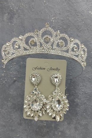 Angel Model Gelin Tacı Ve Damla Mekik Taşlı Küpe