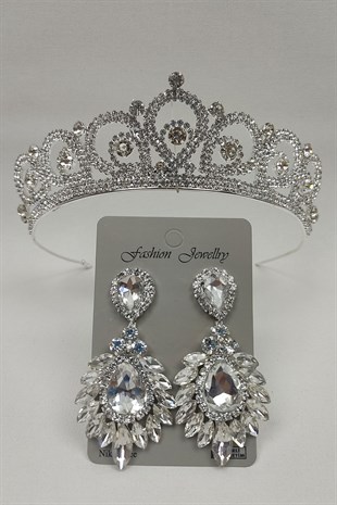 Angel Model Gelin Tacı Ve Damla Mekik Taşlı Küpe