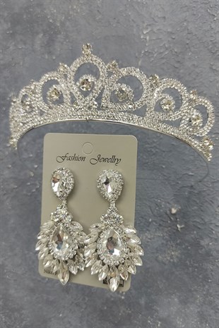 Angel Model Gelin Tacı Ve Damla Mekik Taşlı Küpe