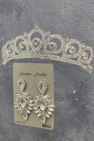 Angel Model Gelin Tacı Ve Damla Taşlı Küpe