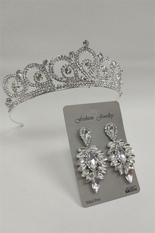 Angel Model Gelin Tacı Ve Damla Taşlı Küpe